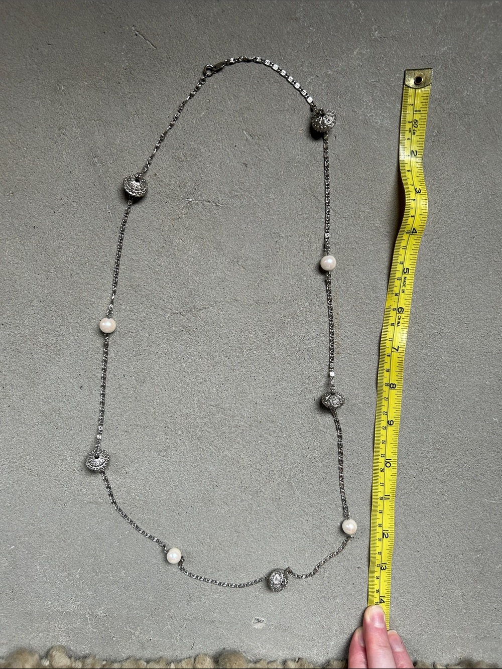 Sterling Silver Pearl Station Necklace - Silver and White